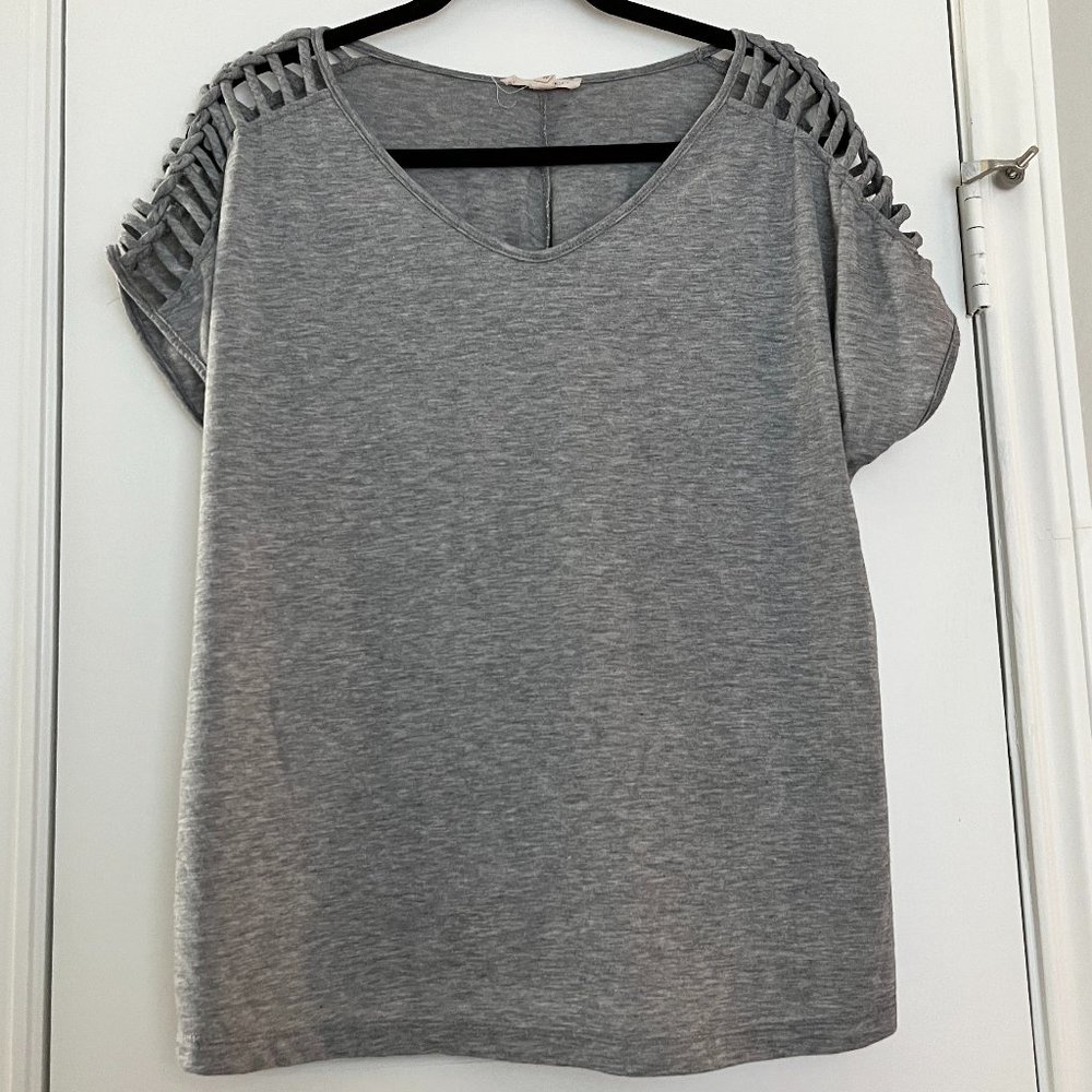Parallel Skies gray tee with open shoulder design